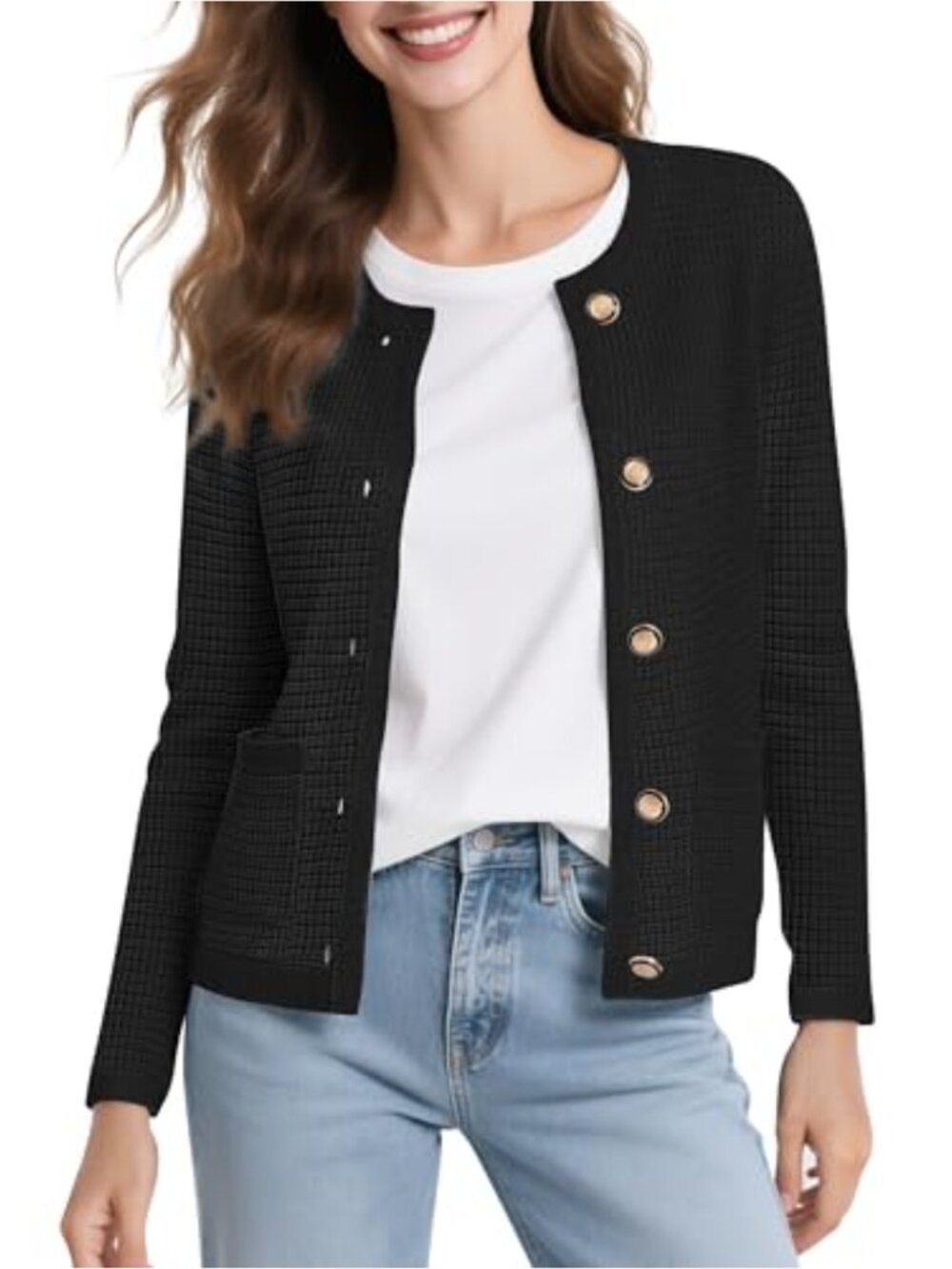 Open Front Cropped Cardigan Crewneck Button Down Knit Sweater
